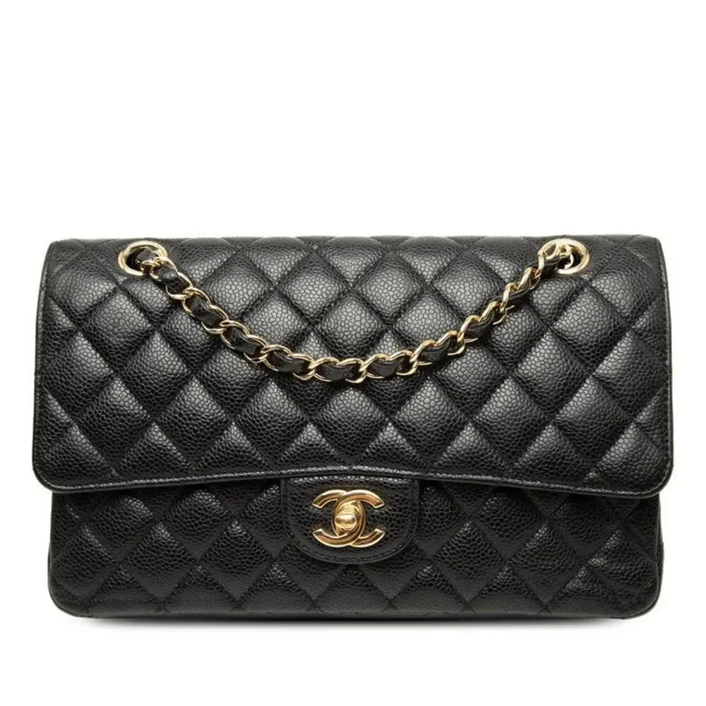 Chanel Coco Mark Matelasse 25 Caviar Skin Double Flap Chain Shoulder Bag Black
